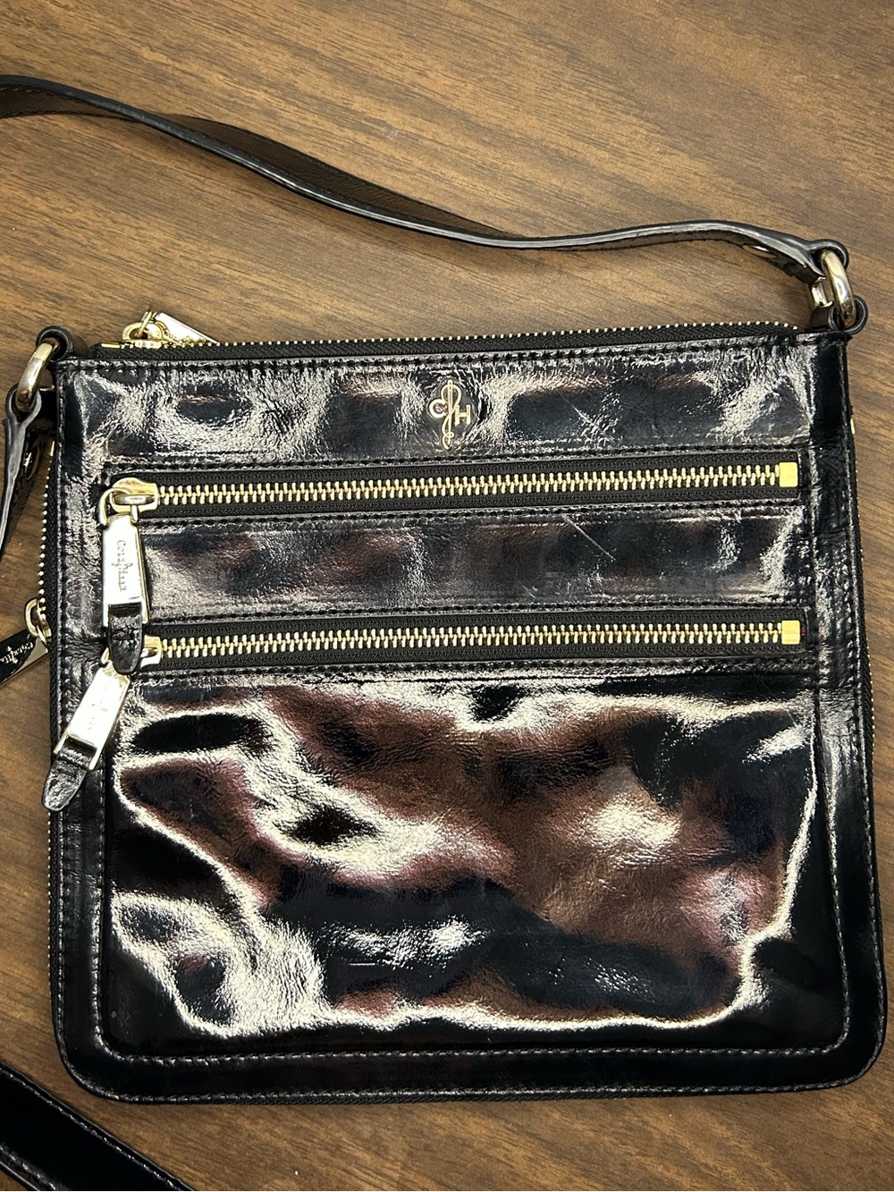 Cole Haan Black Patent Leather Pink Interior Double Zip Crossbody Bag